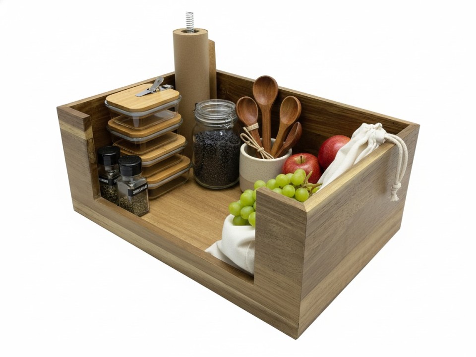 Acacia Wood Storage Bin - Rectangular Organizer with Open Front